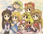  black_eyes blonde_hair blue_eyes brown_hair earrings jewelry long_hair lowres multiple_persona nintendo ocarina_of_time pointy_ears princess_zelda smile spirit_tracks tetra the_legend_of_zelda tsutsuji twilight_princess wind_waker 