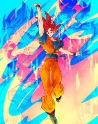 1boy abs blue_shirt dougi dragon_ball dragon_ball_super dragon_ball_z full_body highres jumpsuit multiple_views muscular muscular_male no_shirt ommmyoh pectorals red_eyes serious shirt skinny son_goku spiky_hair super_saiyan super_saiyan_blue super_saiyan_god ultra_instinct ultra_instinct_sign wristband 