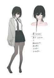  1girl black_hair black_skirt braid breasts character_profile earrings full_body glasses gradient_hair grey_pantyhose hair_between_eyes highres hood hooded_jacket jacket jewelry long_hair medium_breasts miniskirt multicolored_hair multiple_views necktie no_shoes original pantyhose portrait purple_necktie shirt shirt_tucked_in simple_background skirt sleeves_past_wrists standing twin_braids usurai_rairai violet_eyes white_background white_shirt 