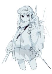  1girl :d absurdres alternate_costume coat commentary_request cowboy_shot fubuki_(kancolle) goggles goggles_on_head greyscale hair_over_one_eye highres holding holding_turret kantai_collection long_sleeves looking_at_viewer ma_rukan mast medium_hair monochrome open_mouth pleated_skirt rigging scarf ship_turret sidelocks signature simple_background sketch skirt smile solo standing white_background winter_clothes 