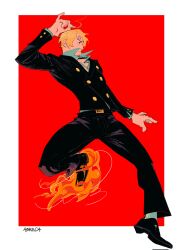  1boy abreca03 absurdres aqua_shirt black_suit blonde_hair cigarette closed_mouth commentary curly_eyebrows diable_jambe facial_hair fire full_body goatee highres holding holding_cigarette male_focus one_piece red_background sanji_(one_piece) shirt short_hair signature simple_background solo suit 
