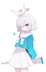  1girl alternate_costume blue_archive blue_serafuku bow_hairband braid choker cinamon_(cinamori) colored_inner_hair commentary grey_eyes gun hairband halo highres holding holding_gun holding_weapon looking_at_viewer multicolored_hair neckerchief one_eye_covered plana_(blue_archive) pleated_skirt red_halo school_uniform serafuku short_hair single_braid skirt untranslatable_commentary weapon white_background white_choker white_hair white_neckerchief 