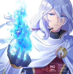  1boy blue_eyes blue_fire braid braided_ponytail cape closed_mouth commentary english_commentary fire floating_hair hair_between_eyes highres holding_flame katarina_neko long_hair male_focus octopath_traveler octopath_traveler:_champions_of_the_continent octopath_traveler_0 sazantos_(octopath_traveler) solo upper_body watermark wavy_hair white_background white_cape white_hair 