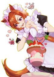 1girl animal_ears apron black_dress blush bow breasts carrot dress ear_bow food fruit hair_between_eyes highres holding holding_pastry_bag horse_ears horse_girl horse_tail maid maid_apron maid_headdress open_mouth orange_hair orange_tail parfait pastry_bag pink_bow short_hair short_sleeves smile solo strawberry t.m._opera_o_(umamusume) tail teeth toryo_(yukhop_961) umamusume upper_teeth_only violet_eyes white_apron white_headdress white_wrist_cuffs wrist_cuffs 