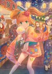  6+girls amami_haruka black_kimono blue_hair blue_kimono brown_eyes brown_hair closed_mouth commentary_request fireworks floating_hair floral_print floral_print_kimono flower food fox_mask ganaha_hibiki green_eyes hair_flower hair_ornament holding holding_food idolmaster idolmaster_(classic) japanese_clothes kimono kisaragi_chihaya kutsunohito lantern long_hair looking_at_viewer mask minase_iori multiple_girls musical_staff musical_staff_print octopus orange_hair outstretched_arm paper_lantern pink_kimono print_kimono purple_kimono red_flower red_kimono shijou_takane short_kimono smile summer_festival takatsuki_yayoi twintails 