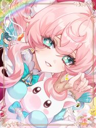  1girl aqua_eyes aqua_hair aqua_ribbon beret commentary_request creature crown dress drill_hair fingernails hair_between_eyes hair_intakes hand_up hat highres honkai:_star_rail honkai_(series) hyacine_(honkai:_star_rail) little_ica_(honkai:_star_rail) long_hair long_sleeves looking_at_viewer mini_crown multicolored_hair nakamura71_9 neck_ribbon pink_hair puffy_long_sleeves puffy_sleeves red_dress red_hat ribbon sidelocks smile solo teeth twin_drills two-tone_hair upper_body white_sleeves yellow_pupils 