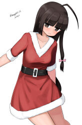 1girl absurdres ahoge asymmetrical_hair belt black_belt black_hair breasts brown_eyes commentary_request cowboy_shot dress fur-trimmed_dress fur_trim highres kantai_collection long_hair maru_(marg0613) medium_breasts one-hour_drawing_challenge red_dress santa_costume santa_dress short_sleeves shouhou_(kancolle) simple_background solo v-neck very_long_hair white_background 