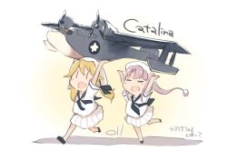  2girls aircraft airplane black_neckerchief black_sailor_collar black_shoes blonde_hair blush closed_eyes commentary_request fairy_(kancolle) hair_between_eyes hat highres kantai_collection long_hair ma_rukan multiple_girls neckerchief open_mouth pby_catalina pink_hair pleated_skirt sailor_collar school_uniform serafuku shoes short_sleeves side_ponytail signature skirt smile white_hat white_skirt 