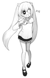  1girl :d agpgwm alternate_color alternate_costume black_eyes black_skirt broken_heart colored_skin commentary_request eyes_visible_through_hair full_body hair_between_eyes hair_ornament hand_up hatsune_miku heart heart_hair_ornament heterochromia highres long_hair long_sleeves mary_janes miniskirt open_mouth shirt shoes skirt smile solo very_long_hair vocaloid white_background white_eyes white_hair white_happy_(vocaloid) white_shirt white_skin white_trim wide_sleeves 