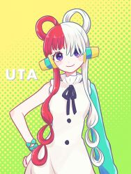  1girl asymmetrical_bangs blue_sleeves blush_stickers bracelet character_name closed_mouth commentary_request cowboy_shot dress gradient_background green_background hair_rings hand_on_own_hip headphones highres jewelry long_hair looking_at_viewer multicolored_hair one_piece one_piece_film:_red red_hair shinogo_no single_bare_shoulder single_sleeve smile solo straight-on two-tone_hair uta_(one_piece) violet_eyes white_dress white_hair yellow_background 