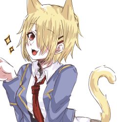  1girl :3 :d animal_ears blonde_hair blue_jacket cat_ears cat_girl cat_tail collared_shirt extra_ears fang hair_ornament hair_over_one_eye hairclip hand_up heaven_burns_red highres jacket kayamori_ruka kemonomimi_mode long_bangs looking_at_viewer necktie one_eye_covered open_clothes open_jacket open_mouth parallel_hairclips red_eyes red_necktie shirt short_hair simple_background siromochino sketch smile solo sparkle tail upper_body white_background white_shirt 
