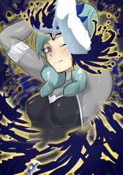  1girl ;) alien_alienen aqua_hair arms_up aura belt beta_(inazuma_eleven) black_vest blush bodysuit breasts commentary dark_aura double_bun grey_background grey_bodysuit hair_bun headpiece highres inazuma_eleven_(series) inazuma_eleven_go inazuma_eleven_go_chrono_stone long_sleeves looking_at_viewer medium_breasts medium_hair no_pupils one_eye_closed pants smile solo vest violet_eyes white_belt 