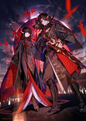  1boy 1girl absurdres ahoge black_boots black_hair black_pants black_shirt boots braid breasts cape closed_mouth colored_inner_hair commentary_request copyright_notice creature creature_on_shoulder frown full_body fuzichoco highres holding holding_sheath holding_sword holding_weapon katana long_hair long_sleeves looking_at_viewer medium_hair multicolored_hair nihiluna noritonue on_shoulder otoginue pants red_cape red_eyes red_hair scabbard sheath shirt small_breasts standing streaked_hair sword very_long_hair virtual_youtuber weapon 