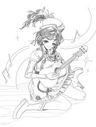  1girl absurdres barcarola_(as_the_sea_breeze_leads)_(reverse:1999) barcarola_(reverse:1999) beamed_eighth_notes boots braid cape closed_mouth dress eighth_note elbow_gloves full_body gloves greyscale hat hat_feather highres holding holding_instrument holding_ukulele instrument lineart long_hair looking_at_viewer monochrome musical_note quarter_note reverse:1999 shako_cap short_dress single_braid sitting sleeveless sleeveless_dress smile solo ukulele wariza white_background xiaoxiaowu 