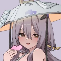  1girl :d bare_shoulders blush brown_eyes chiji_komari collarbone commentary_request goddess_of_victory:_nikke grey_background grey_hair grey_helmet hair_between_eyes hand_up heart helmet holding long_hair scarlet_(nikke) simple_background smile solo teeth upper_body upper_teeth_only 