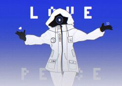 1boy aotsuki_eito black_gloves blue_background breast_pocket catchphrase chinese_commentary commentary_request cowboy_shot emoticon english_commentary english_text faceless gloves gradient_background heart highres hood hood_up hooded_jacket jacket looking_at_viewer male_focus megasl pants photo-referenced pocket solo the_hundred_line_-last_defense_academy- white_jacket white_pants 