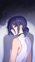  1girl black_choker chainsaw_man choker from_behind green_eyes hair_between_eyes highres looking_at_viewer open_mouth reze_(chainsaw_man) shadow solo vest white_vest whitem_(whiteemperor2020) 