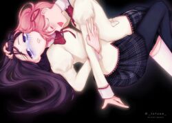  2girls akemi_homura alien_stage black_background black_hair black_pantyhose black_skirt bow bowtie closed_eyes commentary derivative_work english_commentary highres juliet_sleeves kaname_madoka long_sleeves mahou_shoujo_madoka_magica mitakihara_school_uniform multiple_girls open_mouth pantyhose pink_hair puffy_sleeves red_bow red_bowtie school_uniform skirt smile straddling sweater thigh-highs tofuee violet_eyes white_thighhighs yellow_sweater yuri 