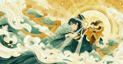  2boys baby_animal belt black_belt black_eyes brown_hair brown_pants chen_xing china chinese_clothes cloak closed_mouth clouds color_contrast curtained_hair dinghai_fusheng_lu dog earrings floating frown fur-trimmed_cloak fur_trim glowing gold great_wall_of_china green_hair green_hanfu hair_bun hair_ornament halo hanfu headband high_ponytail highres huaepiphany jewelry light_rays limited_palette long_hair looking_at_viewer mountain multiple_boys object_floating_above_hand official_art orb pants ponytail profile puppy signature single_hair_bun sky smile sun topknot very_long_hair white_dog xiang_shu xiao_guan_(headdress) yellow_cloak yellow_hanfu yellow_sky 