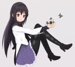  akemi_homura bad_id black_hair blue_eyes boots butterfly coop_(coupon123) grief_seed hairband high_heels highres long_hair long_sleeves mahou_shoujo_madoka_magica outstretched_arm pantyhose purple_eyes shoes simple_background sitting solo thigh_boots thighhighs violet_eyes 