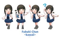  ! +_+ 1girl :d ? backpack bag black_hair blue_dress blush_stickers brown_eyes chibi chibi_only clipboard commentary_request dress fubuki_(kancolle) fubuki_(spring)_(kancolle) full_body grey_socks hair_wagging highres jacket kantai_collection low_ponytail ma_rukan multiple_views official_alternate_costume pointing polka_dot polka_dot_dress ponytail romaji_text short_ponytail sidelocks simple_background smile socks standing white_background white_jacket 