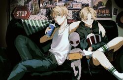  1other 2boys ahoge alien america_(hetalia) axis_powers_hetalia bare_shoulders belt black_belt black_eyes black_hoodie black_shorts blonde_hair blue_eyes blue_pants brothers bucket canada_(hetalia) cd chain-link_fence closed_mouth collarbone colored_skin commentary couch cup denim disposable_cup drinking drinking_straw feet_out_of_frame fence food grey_skin hair_between_eyes hand_up handheld_game_console hands_up highres holding holding_bucket holding_cup holding_handheld_game_console hood hoodie indoors long_sleeves looking_at_food looking_at_object looking_down male_focus multiple_boys no_mouth no_shoes on_couch pants pepsi playing_games playing_video_games popcorn poster_(object) puffy_long_sleeves puffy_sleeves shadow short_hair shorts siblings sign sitting socks solell10 spotlight spread_legs tank_top untranslatable_commentary violet_eyes white_socks white_tank_top zipper 