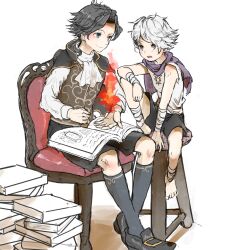  2boys aged_down bandaged_arm bandaged_leg bandages black_hair black_shoes black_shorts black_socks blue_eyes book book_stack chair child cloak commentary_request cyrus_albright grey_eyes highres holding_flame magic male_focus multiple_boys octopath_traveler octopath_traveler_i on_chair on_stool open_book open_mouth purple_cloak rico_ot shirt shoes short_hair shorts simple_background sitting socks stool therion_(octopath_traveler) white_background white_hair white_shirt 