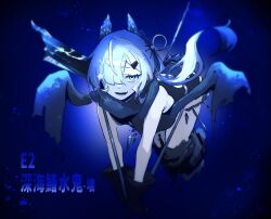 1girl abyssal_ship black_gloves black_one-piece_swimsuit blue_hair blue_theme character_name commentary_request fang gloves hair_between_eyes hair_ornament hair_over_one_eye headgear highres kantai_collection long_hair looking_at_viewer ma_rukan one-piece_swimsuit open_mouth pale_skin scarf solo star_(symbol) star_hair_ornament submarine_seerfish_water_demon swimsuit torn_clothes torn_scarf underwater 