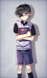  1boy absurdres alternate_costume antenna_hair artist_name black_eyes black_hair black_shorts black_socks black_sweater_vest book closed_mouth commentary_request eyepatch grey_background grey_sweater_vest hair_between_eyes highres holding holding_book kneehighs looking_at_viewer male_focus medical_eyepatch myohn omori short_hair short_sleeves shorts simple_background socks solo sunny_(omori) sweater_vest 