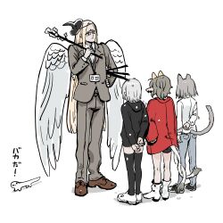  1boy 3girls angel_wings animal_ears black_hoodie black_shoes black_shorts black_thighhighs blonde_hair blue_pants boots branch brown_shoes cat_ears creature feathered_wings feathers glasses gregor_(tsurunoka) grey_hair grey_pants grey_suit hat highres holding holding_branch hood hoodie jacket lanyard long_hair medium_hair multiple_girls original pants red_jacket shirt shoes shorts simple_background suit tail thigh-highs translation_request tsumetai_(tsurunoka) very_long_hair white_background white_boots white_feathers white_shirt white_shoes white_wings wings witch_hat 