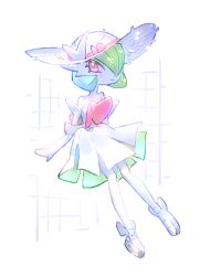  1girl blush bob_cut bow colored_skin dress elbow_gloves gardevoir gloves green_hair hair_over_one_eye hat hat_bow looking_at_viewer mega_gardevoir mega_pokemon pink_bow pink_eyes pokemon pokemon_(creature) raine_(acke2445) smile sun_hat white_dress white_gloves white_skin 