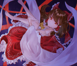  1girl absurdres ascot barefoot bow brown_eyes brown_hair closed_mouth commentary_request detached_sleeves frilled_bow frilled_hair_tubes frilled_skirt frills gagaku_kawa_rei hair_bow hair_tubes hakurei_reimu highres long_hair looking_at_viewer red_bow red_skirt skirt skirt_set smile solo toes touhou yellow_ascot 