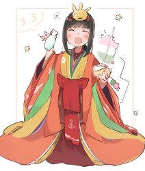  1girl :d ^_^ absurdres alternate_costume anchor_print blush brown_hair closed_eyes commentary_request dango dated drink facing_viewer flower_symbol food fubuki_(kancolle) full_body highres hina_arare hinamatsuri hirabitai hishimochi holding holding_drink holding_food japanese_clothes kantai_collection karaginu_mo kimono layered_kimono low_ponytail ma_rukan medium_hair obi open_mouth orange_kimono ponytail rigging sanshoku_dango sash sidelocks simple_background smile smokestack solo squeans tokkuri wagashi white_background wide_sleeves 