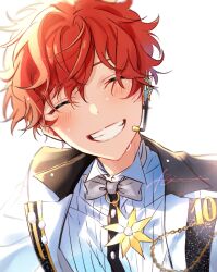  1boy absurdres amagi_hiiro bow bowtie buttons clenched_teeth closed_eyes commentary ensemble_stars! facing_viewer grey_bow grey_bowtie headset highres lapels layered_clothes male_focus notched_lapels official_alternate_costume r1kuuw red_hair short_hair simple_background smile solo star_(symbol) sweat teeth untranslatable_commentary upper_body white_background wingtip_collar 