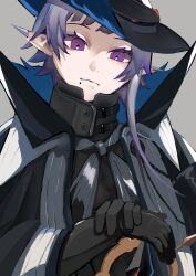  1girl 3594hekisui absurdres arknights black_cape black_gloves black_hat cape commentary_request cosplay gloves hands_on_hilt hat head_tilt high_collar highres looking_at_viewer mole mole_under_mouth pointy_ears portrait purple_hair single_sidelock solo ulpianus_(arknights) ulpianus_(arknights)_(cosplay) underflow_(arknights) violet_eyes 