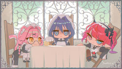  +_+ 3girls :3 animal_ears apron aqua_eyes black_bow black_bowtie black_dress blue_eyes blue_hair blue_sky blush bow bowtie chair closed_mouth clouds cloudy_sky commentary day dreamoon-q dress glasses hair_intakes hair_ornament hairclip highres hololive hololive_english irys_(hololive) irys_(maid)_(hololive) long_hair looking_at_viewer maid maid_headdress multicolored_hair multiple_girls ouro_kronii ouro_kronii_(maid) panther_ears panther_girl panther_tail pink_hair pink_tail pointy_ears purple_wings raora_panthera raora_panthera_(maid) red_hair semi-rimless_eyewear sitting sky smile streaked_hair table tail thigh-highs two-tone_hair under-rim_eyewear untranslatable_commentary virtual_youtuber white_apron white_coif white_thighhighs wings yarn yarn_ball yellow_eyes 