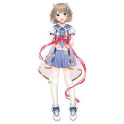  1girl antlers blue_dress blue_eyes bow brown_hair choker deer_antlers dress footwear_bow hair_ornament hairclip horns indie_utaite kano_(utaite) mary_janes mizutamako open_mouth outstretched_hand puffy_short_sleeves puffy_sleeves red_choker red_ribbon ribbon sailor_collar see-through_clothes see-through_skirt shoes short_hair short_sleeves simple_background skirt smile solo star_(symbol) star_print thigh-highs white_background white_dress white_thighhighs 