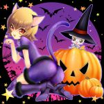  1girl animal_ears bad_id bat boots brown_hair cat_ears cat_pose cat_tail cosplay fang female fur halloween hat heartcatch_precure! high_heels jack-o&#039;-lantern jack-o'-lantern kemonomimi_mode kneeling looking_back myoudouin_itsuki open_mouth orange_eyes paw_pose potpourri_(heartcatch_precure!) potpourri_(precure) precure pretty_cure pumpkin purple_legwear purple_thighhighs shoes short_hair sitting solo star striped striped_legwear striped_thighhighs tail thigh-highs thighhighs too_many_bats uk-works witch_hat 