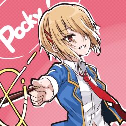  1girl :d blonde_hair blue_jacket collared_shirt food glint grin hair_ornament hair_over_one_eye hairclip heaven_burns_red highres holding holding_food holding_pocky jacket kayamori_ruka long_bangs long_sleeves looking_at_viewer necktie one_eye_covered open_clothes open_jacket outstretched_arm parallel_hairclips pink_background pocky polka_dot polka_dot_background red_eyes red_necktie shirt short_hair simple_background siromochino smile solo upper_body white_shirt 