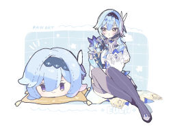  1girl black_gloves black_hairband black_leotard blue_cape blue_gloves blue_hair blue_necktie blush boots breasts cape chest_harness clothing_cutout commentary_request eula_(genshin_impact) genshin_impact gloves hair_between_eyes hair_ornament hairband harness highres karaage_ha_315 leotard long_sleeves medium_hair necktie shoulder_cutout sitting solo thigh-highs thigh_boots thighs vision_(genshin_impact) 