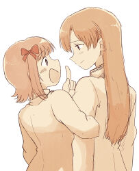 2girls amami_haruka bow brown_hair closed_mouth eye_contact from_behind hair_bow hand_up idolmaster idolmaster_(classic) index_finger_raised kisaragi_chihaya locked_arms long_hair long_sleeves looking_at_another monochrome multiple_girls open_mouth shirt simple_background smile tsubobot white_background 