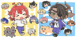  >_< 6+boys :3 animal_ears animal_on_head aragami_oga arurandeisu astel_leda bird bird_on_head black_gloves black_hair black_shoes blonde_hair blue_hair blue_jacket blue_pants blush_stickers chibi chibi_inset chibi_only chungami dark-skinned_male dark_skin demon_horns earrings everyone eyepatch fangs flag flower glasses gloves gori3po green_eyes grey_hair hair_flower hair_ornament hair_over_one_eye half_updo hanasaki_miyabi heterochromia highres holding holding_flag holostars horns jackal_boy jackal_ears jacket jewelry kageyama_shien kanade_izuru kishido_temma kyomu_suzume lightning_bolt_hair_ornament lightning_bolt_symbol male_focus medium_hair minase_rio mole mole_under_eye mouse_(animal) multicolored_hair multiple_boys necklace o_o on_head orange_eyes orange_hair pants partially_fingerless_gloves pink_flower pink_hair purple_hair red_flag red_hair rikka_(holostars) running shirt shoes single_horn sleeves_rolled_up sweat track_jacket track_pants utsugi_uyu violet_eyes virtual_youtuber white_hair white_shirt white_shoes yatogami_fuma yukoku_roberu 