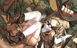  1girl absurdres animal animal_ears apple apple_slice belt belt_buckle bird black_boots black_dress black_hat blonde_hair boots bread bread_slice broom buckle commentary_request crow decorations dress elbow_gloves food forest fruit gloves green_eyes hat high_heel_boots high_heels highres kele_mimi loli nature original pantyhose plant squirrel tail vines white_gloves white_pantyhose witch witch_hat 