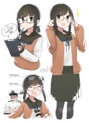  1boy 1girl absurdres admiral_(kancolle) afterimage anchor_symbol bespectacled black_hair black_pantyhose black_sailor_collar black_skirt blue-framed_eyewear brown_cardigan buttons cardigan closed_eyes commentary cowboy_shot cropped_legs cropped_torso fubuki_(kancolle) fubuki_kai_ni_(kancolle) glasses gloves green_eyes hair_between_eyes hat highres holding holding_pen kantai_collection long_sleeves ma_rukan military military_uniform multiple_views naval_uniform open_cardigan open_clothes open_mouth pantyhose peaked_cap pen ponytail red-framed_eyewear sailor_collar school_uniform serafuku short_hair short_ponytail signature simple_background skirt smile untranslatable_commentary upper_body white_background white_gloves white_hat 