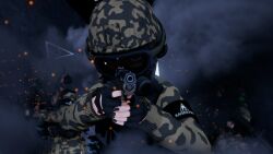  3d black_hair black_vest blue_archive camouflage camouflage_skirt catgaloperator hair_bun halo helmet highres holding holding_weapon kaiser_pmc_mercenary_(blue_archive) koikatsu_(medium) military_uniform skirt tactical_clothes triangle_halo vest weapon 