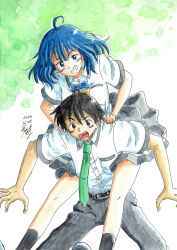  1boy 1girl ahoge belt black_hair black_socks blue_bow blue_bowtie blue_eyes blue_hair blush bow bowtie collared_shirt commentary_request goshosan green_necktie grey_pants grey_skirt highres leap_frog make_heroine_ga_oo_sugiru! medium_hair necktie nukumizu_kazuhiko open_mouth pants pleated_skirt school_uniform shirt short_hair simple_background skirt smile socks summer_uniform tsuwabuki_high_school_uniform white_shirt yanami_anna yellow_bow yellow_bowtie 