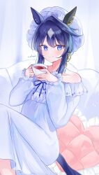  1girl absurdres blue_eyes blue_hat blue_nightgown closed_mouth commentary cup ear_covers ear_ornament hair_ribbon hat highres holding holding_cup horse_girl horse_tail long_hair long_sleeves looking_at_viewer mob_cap moko_(mokochisa) nightgown reclining ribbon signature single_ear_cover smile solo tail teacup umamusume verxina_(umamusume) 