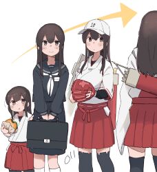  4girls age_progression aged_down akagi_(kancolle) akagi_(sasebo)_(kancolle) akagi_kai_ni_(kancolle) arrow_(symbol) baseball_cap baseball_mitt black_hair black_sailor_collar black_serafuku black_shirt black_skirt black_thighhighs brown_eyes burger commentary cowboy_shot food hakama hat highres japanese_clothes kantai_collection long_hair ma_rukan multiple_girls multiple_persona neckerchief official_alternate_costume pleated_skirt quiver red_hakama sailor_collar sailor_shirt school_uniform serafuku shirt simple_background skirt standing thigh-highs white_background white_hat white_neckerchief 