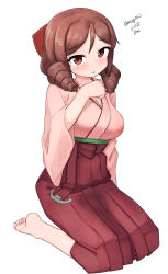  1girl absurdres barefoot bow brown_hair commentary_request drill_hair full_body hair_bow hakama hakama_skirt harukaze_(kancolle) highres japanese_clothes kantai_collection kimono looking_at_viewer maru_(marg0613) meiji_schoolgirl_uniform one-hour_drawing_challenge pink_kimono red_bow red_eyes red_hakama seiza simple_background sitting skirt solo twin_drills white_background 