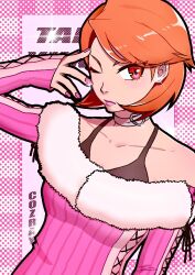  1girl artist_name bare_shoulders black_bra bra bra_peek bra_strap breasts brown_hair character_name choker closed_mouth collarbone commentary cozray cross-laced_clothes cross-laced_sleeves cross-laced_sweater earrings flipped_hair fur-trimmed_sweater fur_trim glint halterneck hand_up heart heart_choker jewelry light_blush long_sleeves looking_at_viewer nail_polish off-shoulder_sweater off_shoulder official_alternate_costume one_eye_closed persona persona_3 pink_eyes pink_lips pink_nails pink_sweater ribbed_sweater short_hair sleeves_past_wrists solo stud_earrings sweater takeba_yukari underwear upper_body white_choker 